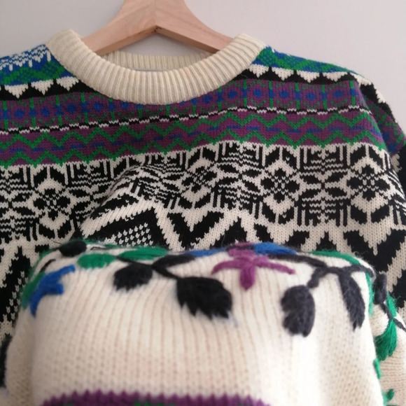 Vintage Embroidered Chunky Knit Sweater Norway Grandma Geometric Floral Medium - Picture 8 of 17